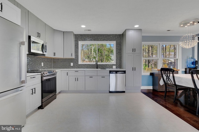 3600 Yorktown Dr, Waldorf, MD 20601 - kitchen featuring an inviting chandelier, a sink, light countertops, stainless steel appliances, and backsplash