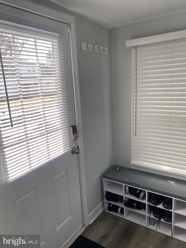 mudroom with dark wood-type flooring and baseboards
