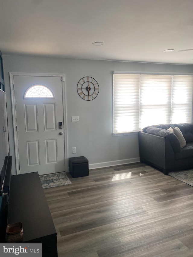 foyer entrance featuring baseboards, wood finished floors, and a healthy amount of sunlight