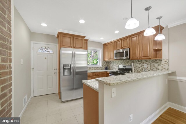 kitchen featuring stainless steel appliances, a peninsula, decorative backsplash, open shelves, and light stone counters
