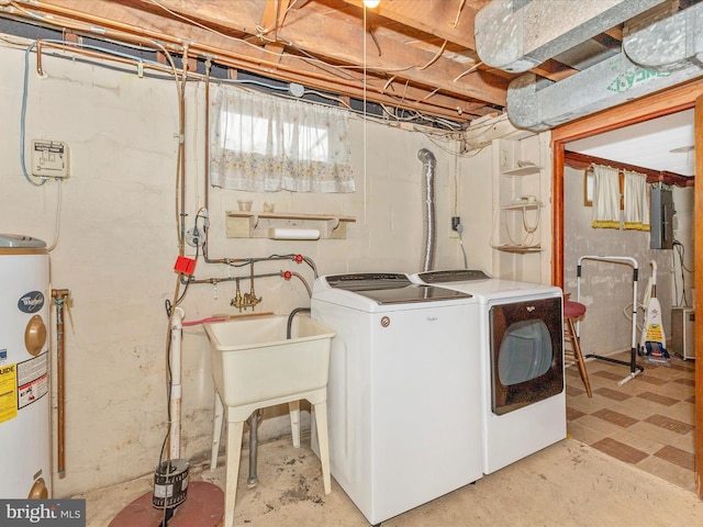 268 Magothy Bridge Rd, Pasadena, MD 21122 - washroom featuring laundry area, water heater, light floors, washer and clothes dryer, and electric panel