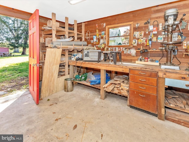 268 Magothy Bridge Rd, Pasadena, MD 21122 - office space with wood walls, a workshop area, and concrete floors