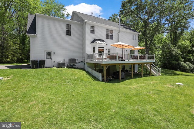 back of house with stairs, a wooden deck, a yard, a shingled roof, and central air condition unit