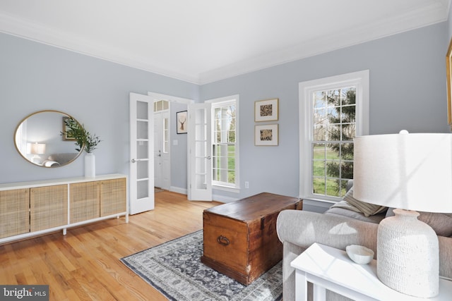 office space with crown molding, wood finished floors, french doors, and baseboards