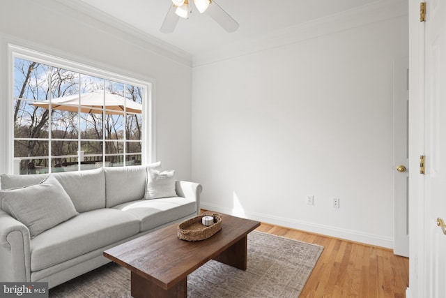 living room featuring a ceiling fan, crown molding, light wood-style floors, and baseboards