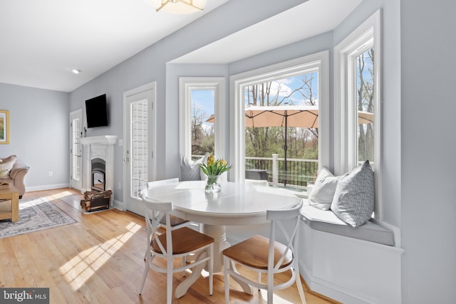 dining room featuring wood finished floors, baseboards, and a fireplace