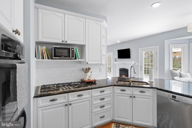 kitchen featuring stainless steel appliances, a sink, white cabinets, a warm lit fireplace, and tasteful backsplash