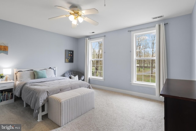 bedroom featuring multiple windows, carpet floors, and baseboards