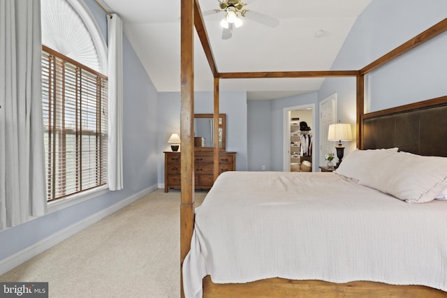 bedroom with lofted ceiling, carpet, baseboards, a walk in closet, and ceiling fan