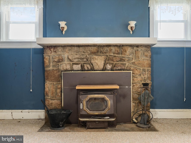 details with a wood stove and carpet floors