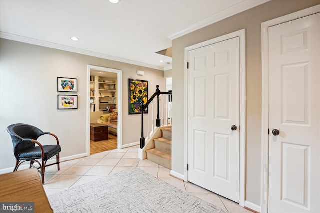 9000 Hunting Horn Ln, Potomac, MD 20854 - entryway with ornamental molding, stairway, light tile patterned floors, baseboards, and recessed lighting