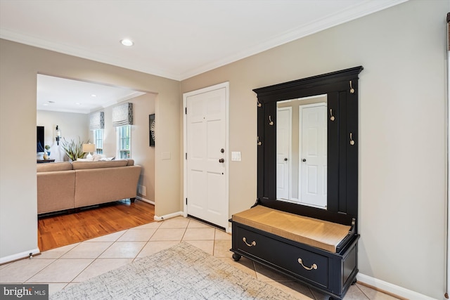 9000 Hunting Horn Ln, Potomac, MD 20854 - foyer entrance featuring ornamental molding, light tile patterned flooring, baseboards, and recessed lighting