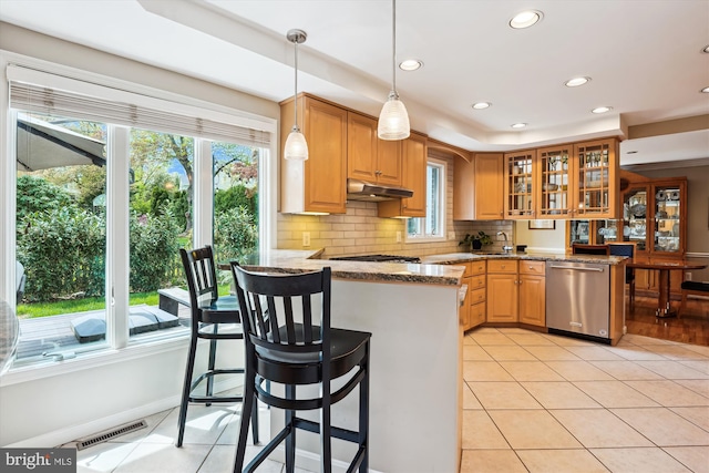 9000 Hunting Horn Ln, Potomac, MD 20854 - kitchen featuring stainless steel dishwasher, under cabinet range hood, a peninsula, recessed lighting, and glass insert cabinets