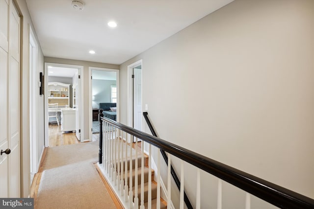 9000 Hunting Horn Ln, Potomac, MD 20854 - hall featuring an upstairs landing, recessed lighting, baseboards, and light wood-style floors
