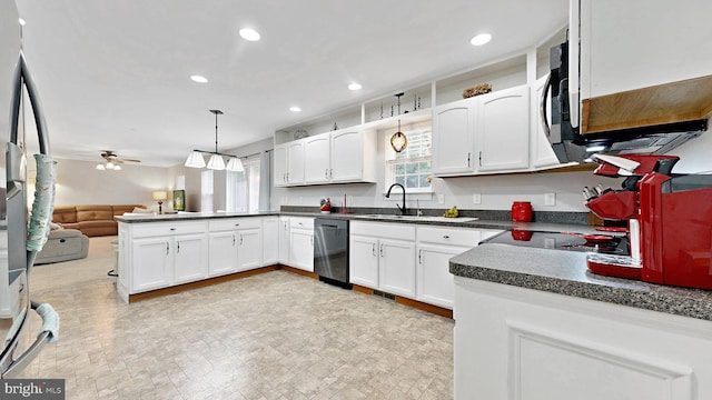 419 Kimberly Way, Felton, DE 19943 - kitchen with dishwasher, dark countertops, open floor plan, a peninsula, and white cabinets