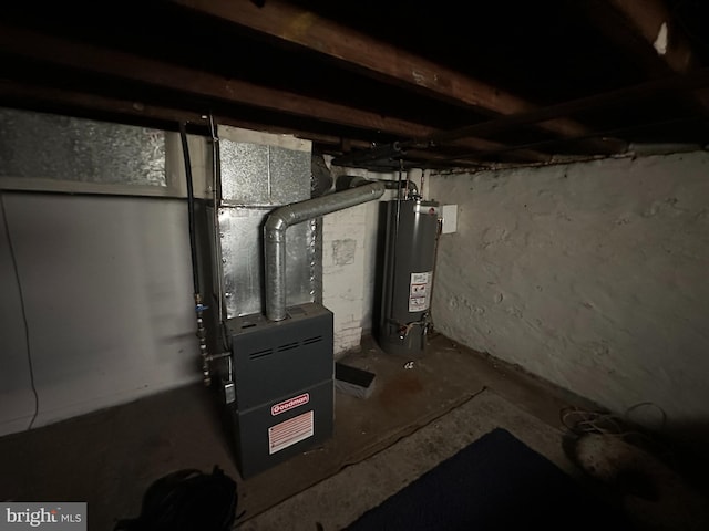 utility room with gas water heater and heating unit