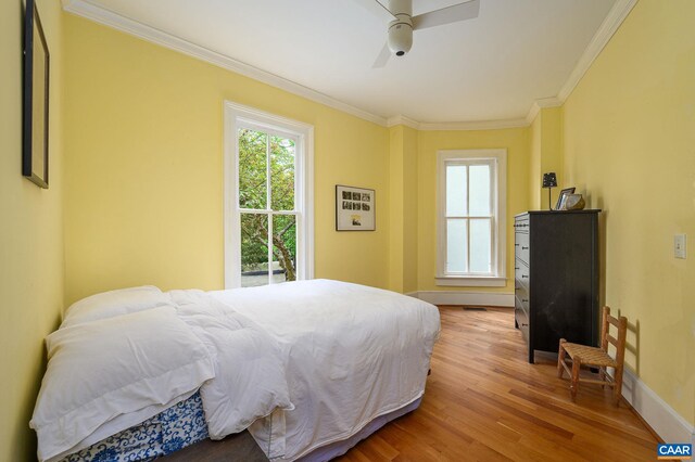 1112 Park St, Charlottesville, VA 22901 - bedroom featuring light wood-style floors, ceiling fan, baseboards, and ornamental molding