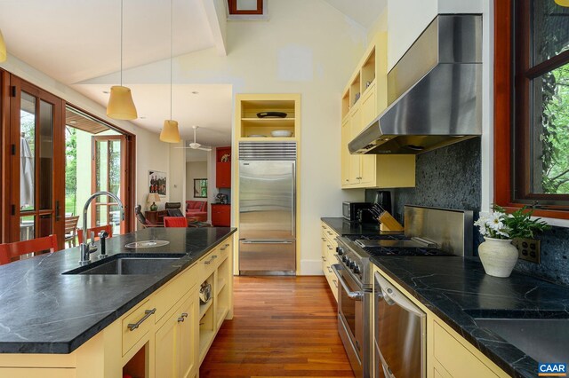 1112 Park St, Charlottesville, VA 22901 - kitchen featuring premium appliances, a sink, a healthy amount of sunlight, lofted ceiling, and range hood