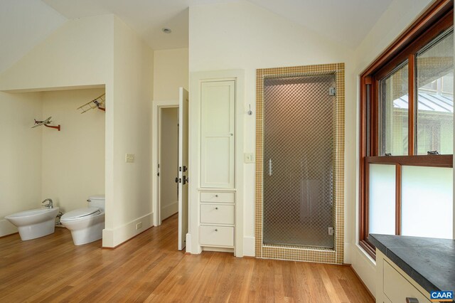 1112 Park St, Charlottesville, VA 22901 - full bathroom featuring a wealth of natural light, vaulted ceiling, a bidet, and a stall shower