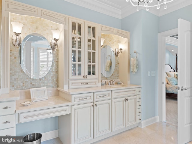 bathroom featuring tasteful backsplash, vanity, ensuite bath, and ornamental molding