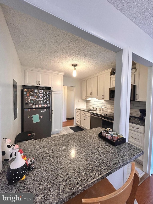 2300 Pimmit Dr Unit 601, Falls Church, VA 22043 - kitchen with a sink, tasteful backsplash, a textured ceiling, appliances with stainless steel finishes, and white cabinetry