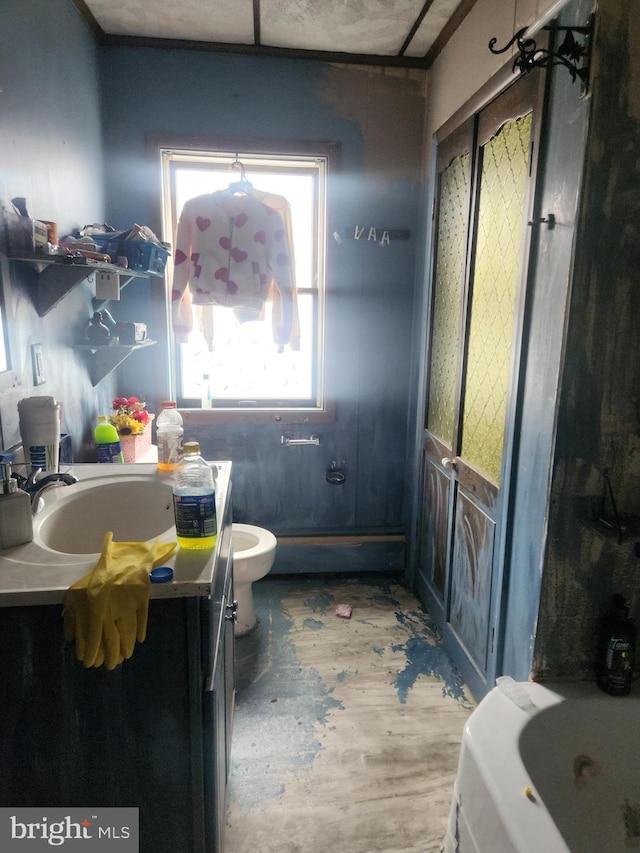 bathroom with vanity, a bath, toilet, and wood finished floors