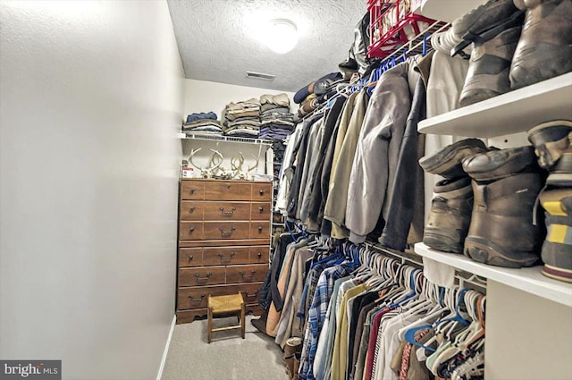spacious closet featuring visible vents and carpet
