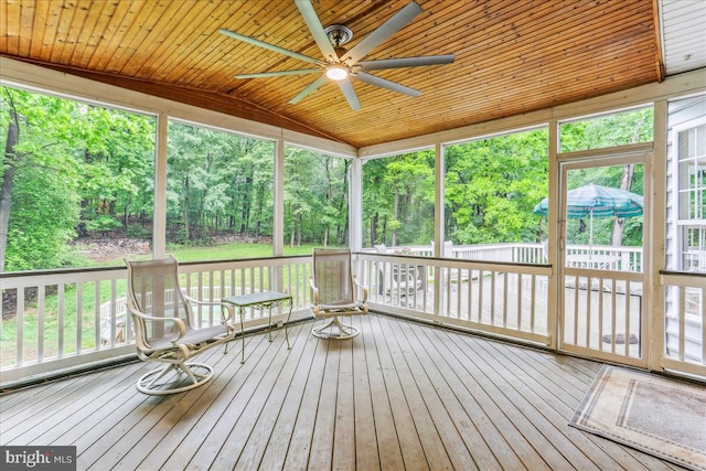 9409 Emory Grove Rd, Gaithersburg, MD 20877 - unfurnished sunroom featuring a ceiling fan, lofted ceiling, view of wooded area, and healthy amount of natural light