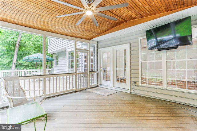 9409 Emory Grove Rd, Gaithersburg, MD 20877 - unfurnished sunroom featuring a deck, ceiling fan, hardwood / wood-style flooring, wood ceiling, and lofted ceiling