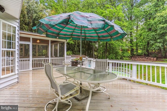 9409 Emory Grove Rd, Gaithersburg, MD 20877 - deck with outdoor dining space, a sunroom, and view of scattered trees