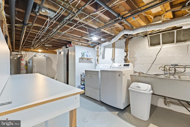 1412 N Wakefield St, Arlington, VA 22207 - laundry room with gas water heater, a sink, laundry area, and independent washer and dryer