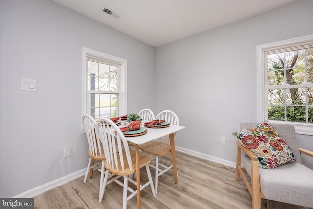 dining room featuring light wood-style floors, baseboards, and visible vents