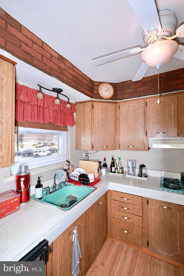 kitchen with a sink, light countertops, a ceiling fan, under cabinet range hood, and stainless steel gas stovetop