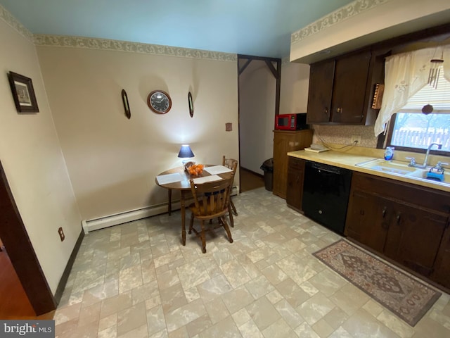 2060 Mahantongo St, Pottsville, PA 17901 - kitchen with a baseboard heating unit, light countertops, dark brown cabinets, black dishwasher, and a sink