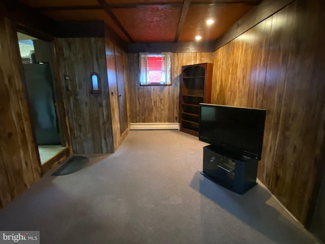 2060 Mahantongo St, Pottsville, PA 17901 - unfurnished living room with baseboard heating, wood walls, and carpet