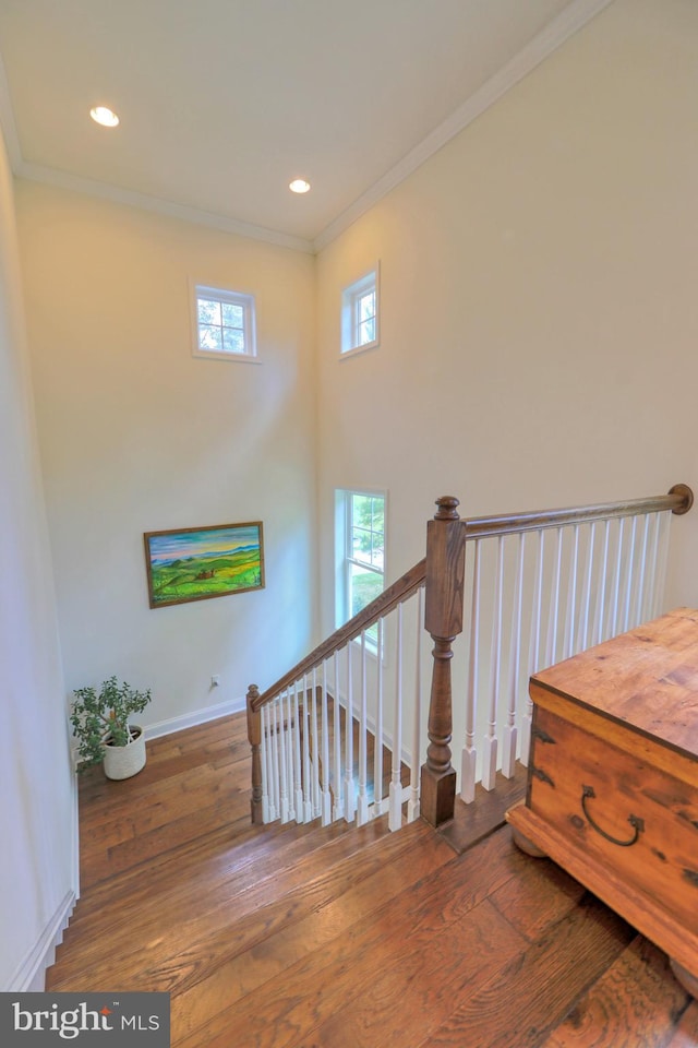 23280 Horse Island Rd, Lewes, DE 19958 - staircase featuring wood finished floors, ornamental molding, baseboards, and recessed lighting