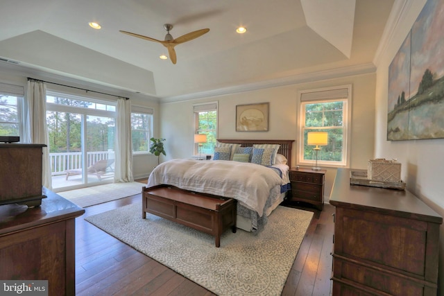 23280 Horse Island Rd, Lewes, DE 19958 - bedroom with access to outside, dark wood-style floors, a tray ceiling, and recessed lighting