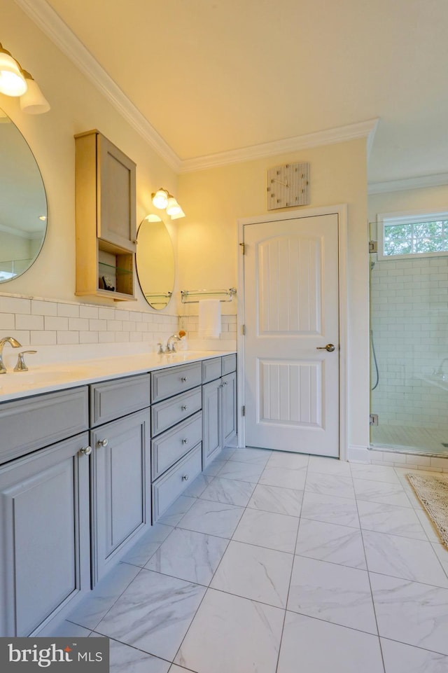 23280 Horse Island Rd, Lewes, DE 19958 - bathroom with crown molding, a shower stall, double vanity, marble finish flooring, and tasteful backsplash