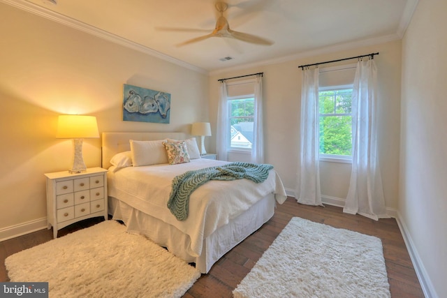 23280 Horse Island Rd, Lewes, DE 19958 - bedroom with baseboards, crown molding, dark wood finished floors, and a ceiling fan