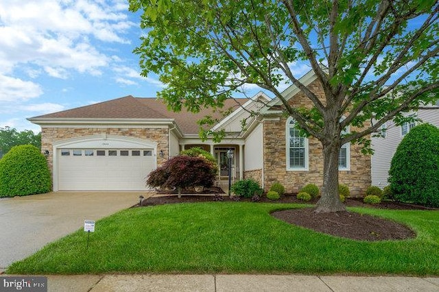 13404 Fieldstone Way, Gainesville, VA 20155 - view of front of property featuring stone siding, driveway, a garage, and a front yard
