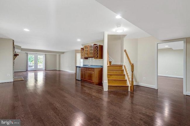 13404 Fieldstone Way, Gainesville, VA 20155 - unfurnished living room featuring dark wood-style flooring, stairway, baseboards, recessed lighting, and french doors
