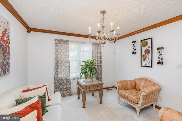 living area featuring carpet, a textured ceiling, an inviting chandelier, and crown molding