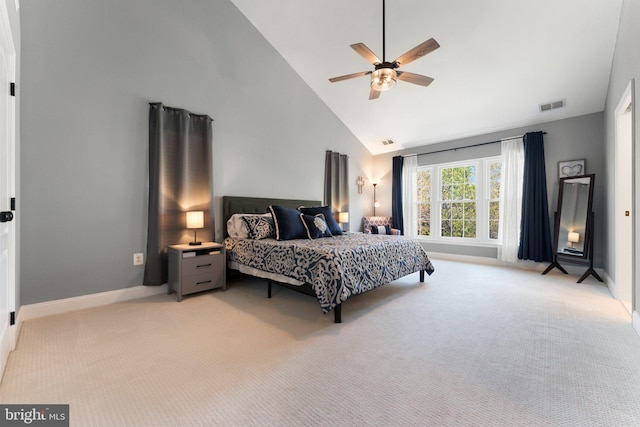 2068 Capstone, Herndon, VA 20170 - bedroom with light colored carpet, high vaulted ceiling, baseboards, and a ceiling fan