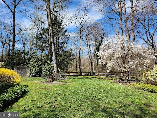 view of yard featuring a storage unit, fence, and an outdoor structure