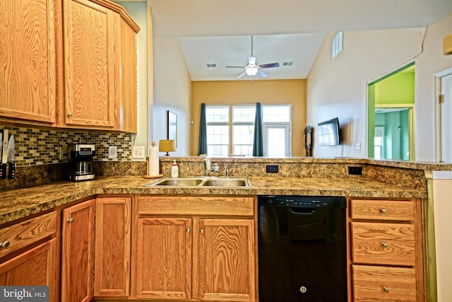 kitchen with dishwasher, a sink, a ceiling fan, a peninsula, and decorative backsplash