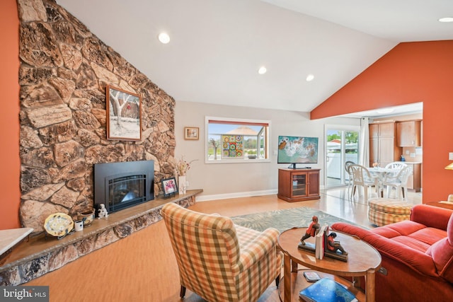 205 S Lehigh Rd, Glassboro, NJ 08028 - living room featuring baseboards, recessed lighting, a fireplace, and high vaulted ceiling