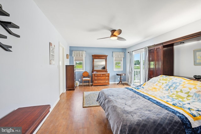 205 S Lehigh Rd, Glassboro, NJ 08028 - bedroom with baseboards, access to outside, light wood-style floors, and ceiling fan