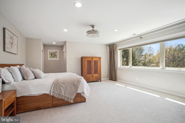 bedroom featuring baseboards, visible vents, carpet, and recessed lighting