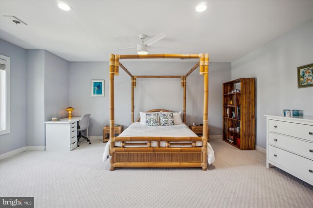 carpeted bedroom featuring baseboards, a ceiling fan, and recessed lighting