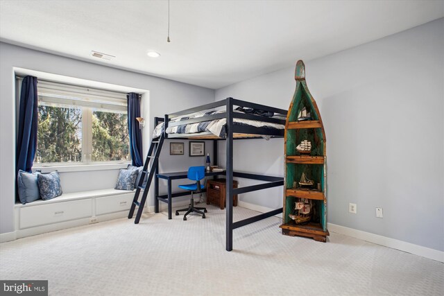 carpeted bedroom featuring recessed lighting, visible vents, and baseboards